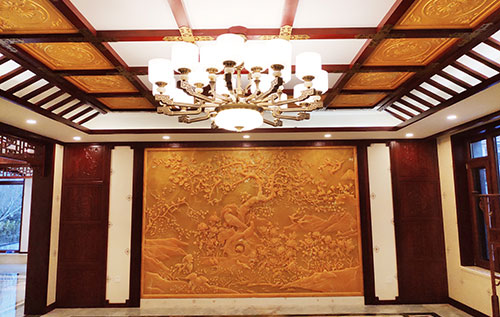 湖州中式别墅客厅中式木作横梁吊顶装饰展示